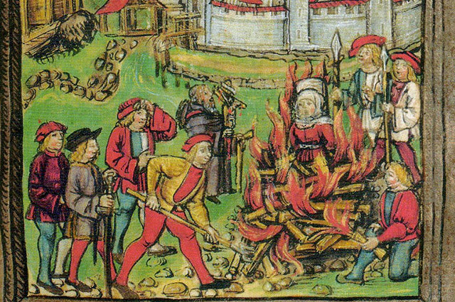 Gravura de mulher sendo queimada