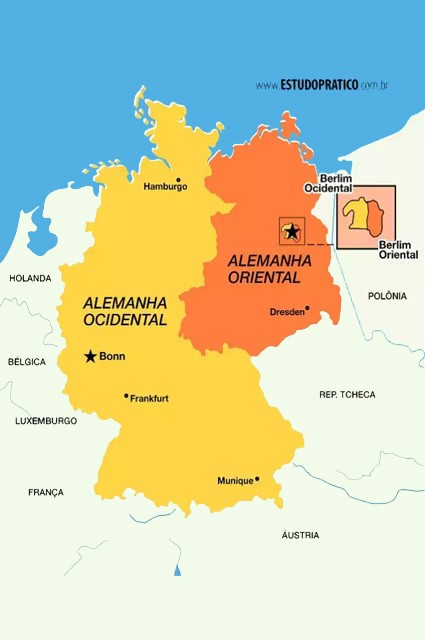 Mapa que mostra a divisão da Alemanha em Ocidental e Oriental